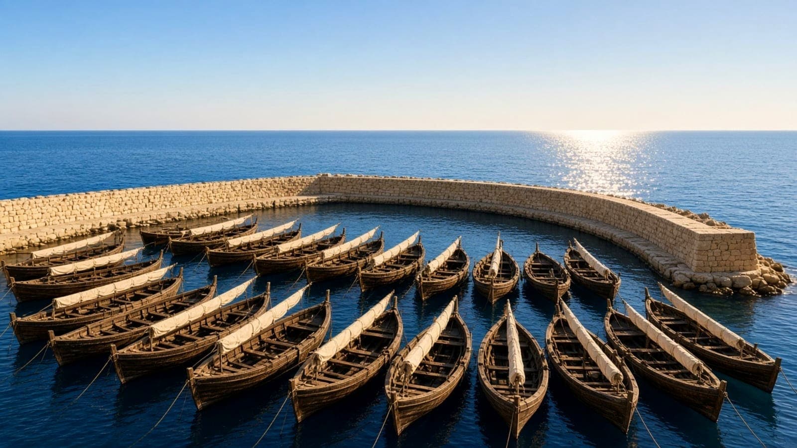 A fleet of wooden boats moored side by side along a curved stone harbour wall, open sea and low sun beyond.