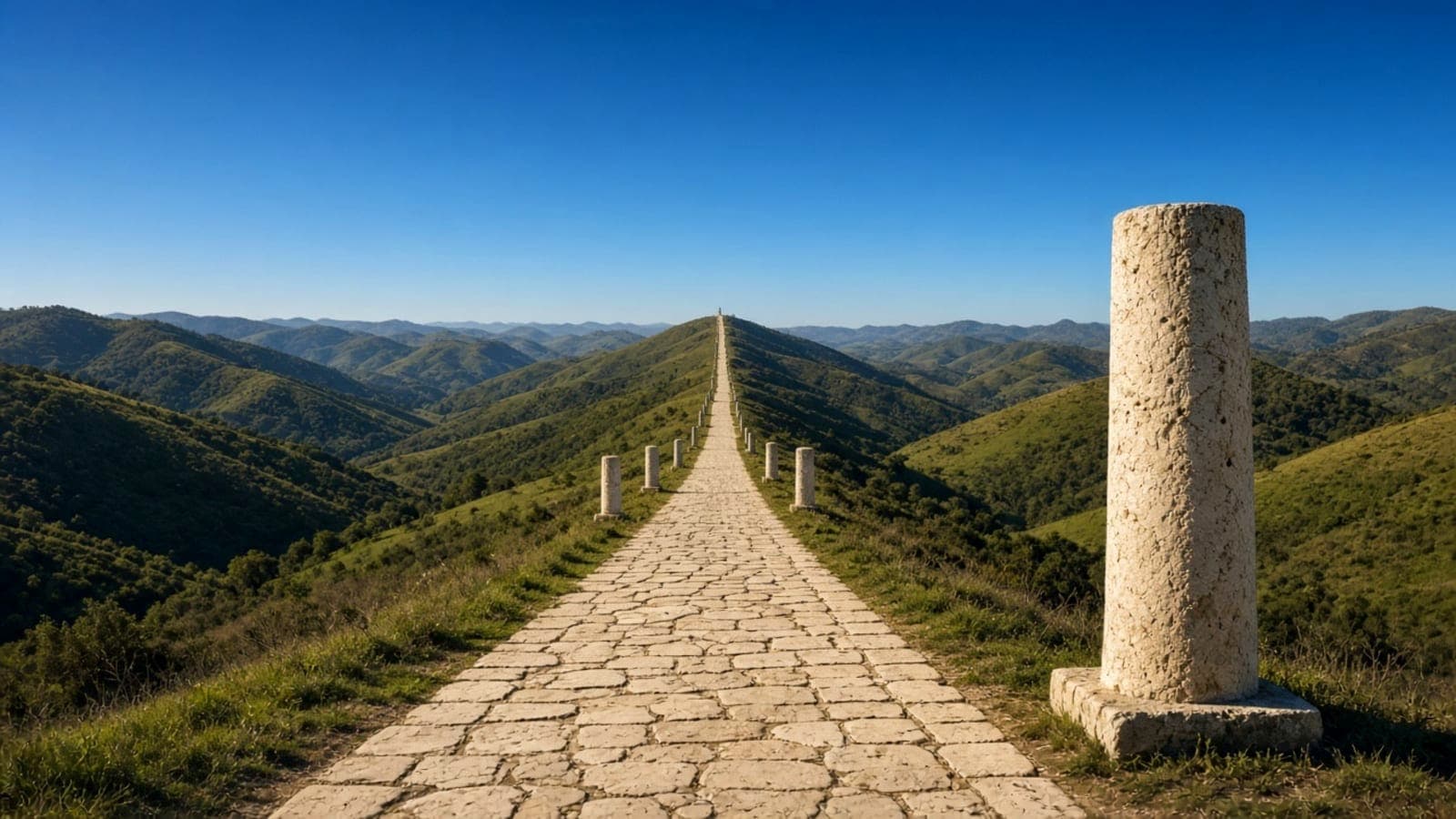 A paved road running up and over one ridge after another into the distance, a plain stone milestone standing beside it.