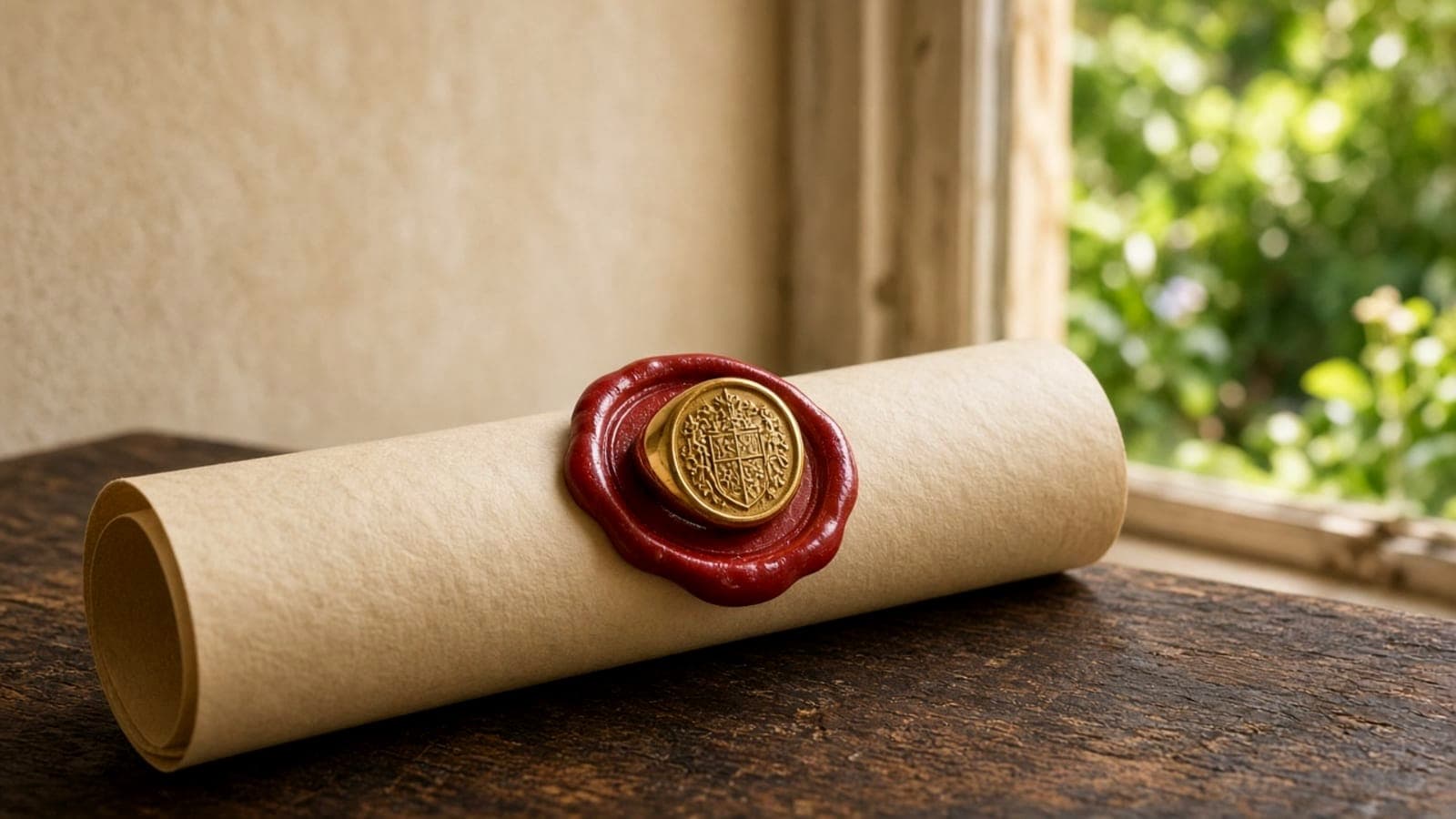 A rolled document closed with a red wax seal, resting on a stone ledge with green leaves behind it.