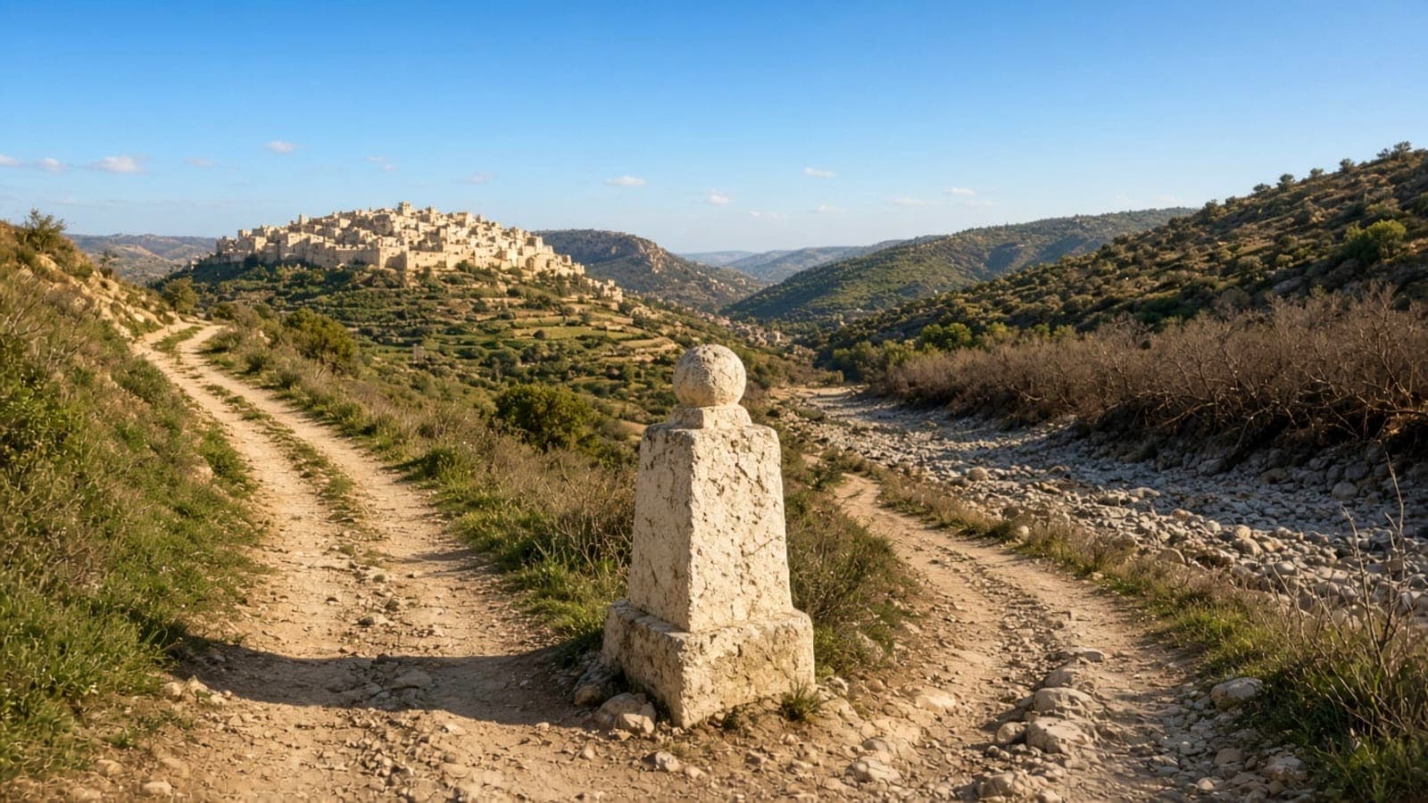 A dirt track dividing into two around a standing stone, a hill town on the ridge beyond.