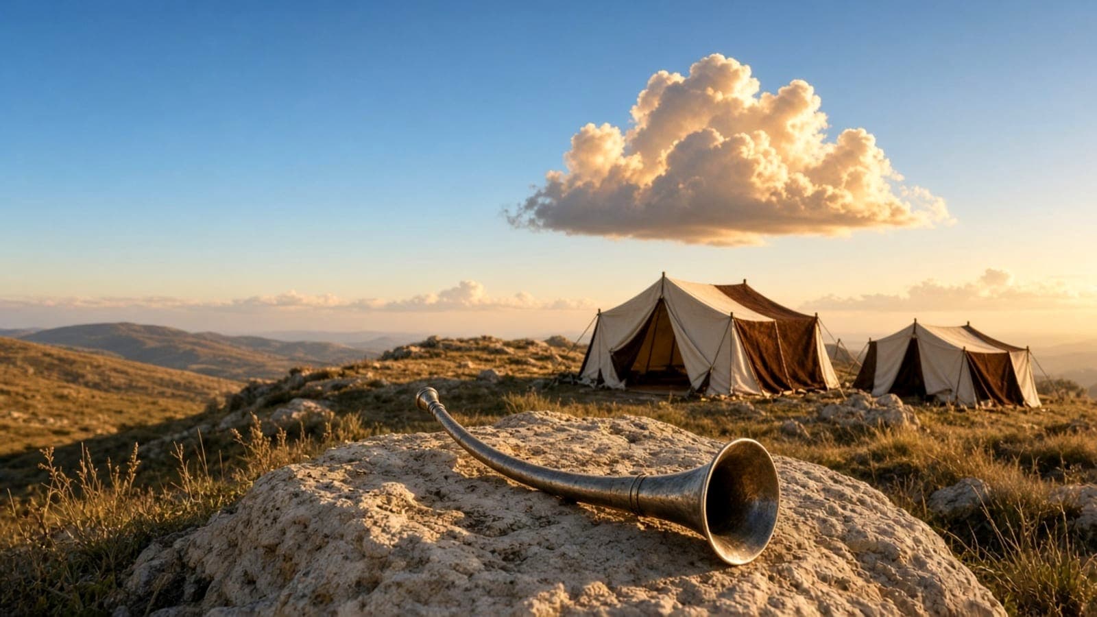 Tents pitched on a high ridge with a ram's horn trumpet lying on the rock, a tall cloud building over the valley.