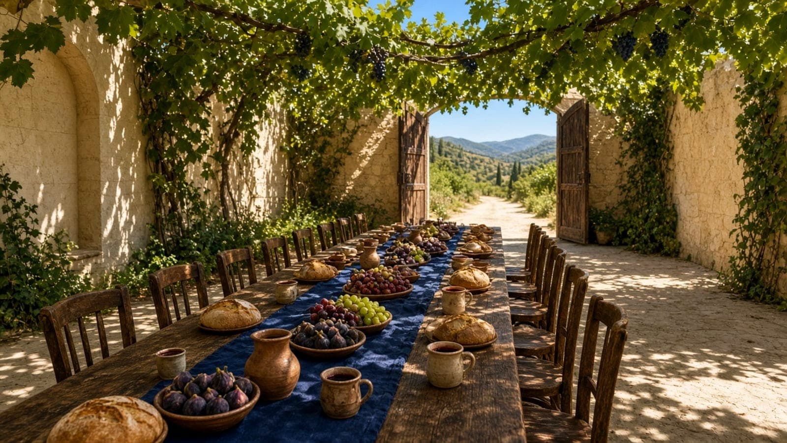 A long table laid with food under a vine-covered walkway, chairs down both sides and an archway open to the hills at the end.