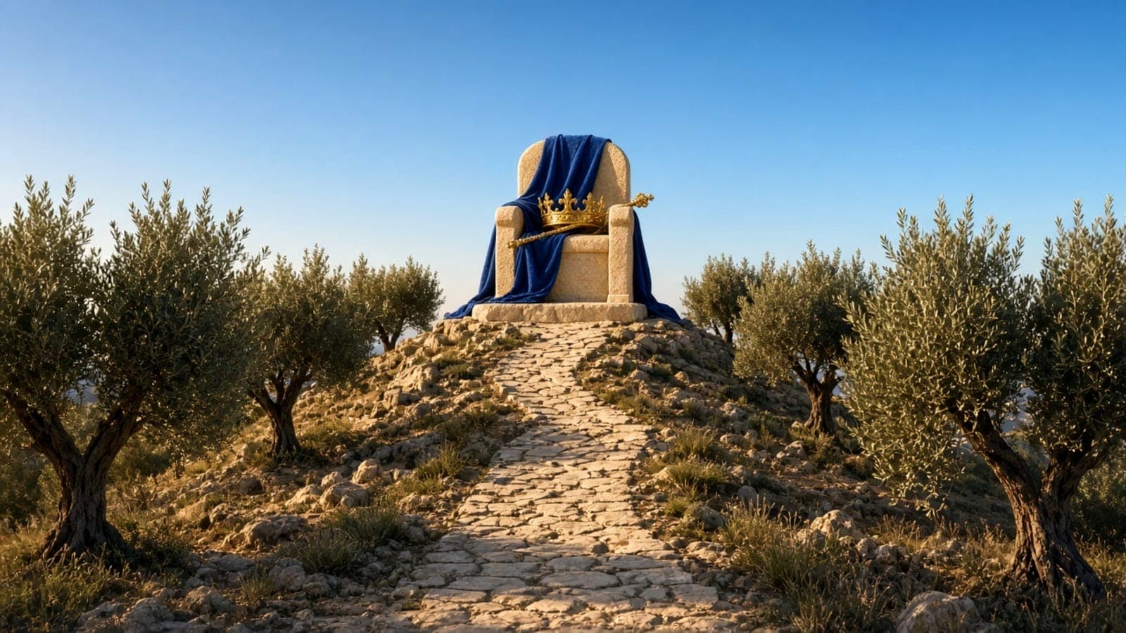 A throne draped in blue and gold standing on a stone plinth among olive trees.