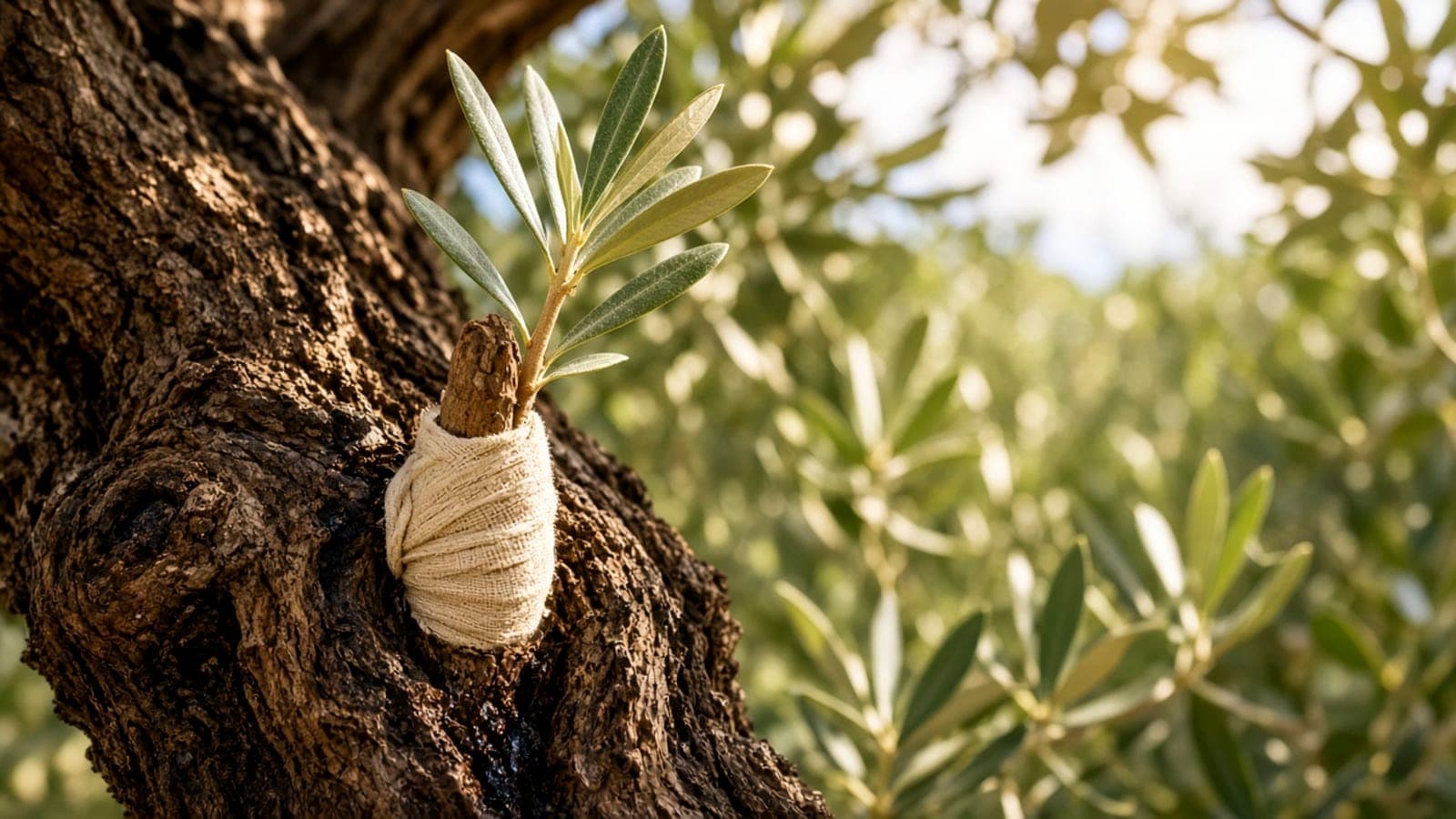 A young grafted shoot bound with linen into the cut trunk of an old olive tree, leaves in the light behind.