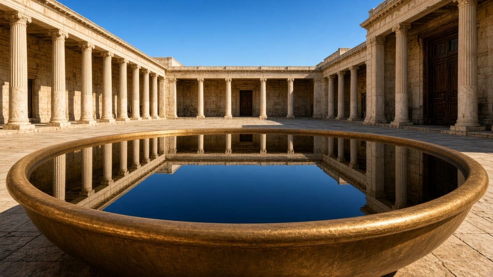 A wide bronze basin full of still water in a colonnaded courtyard open to the sky.