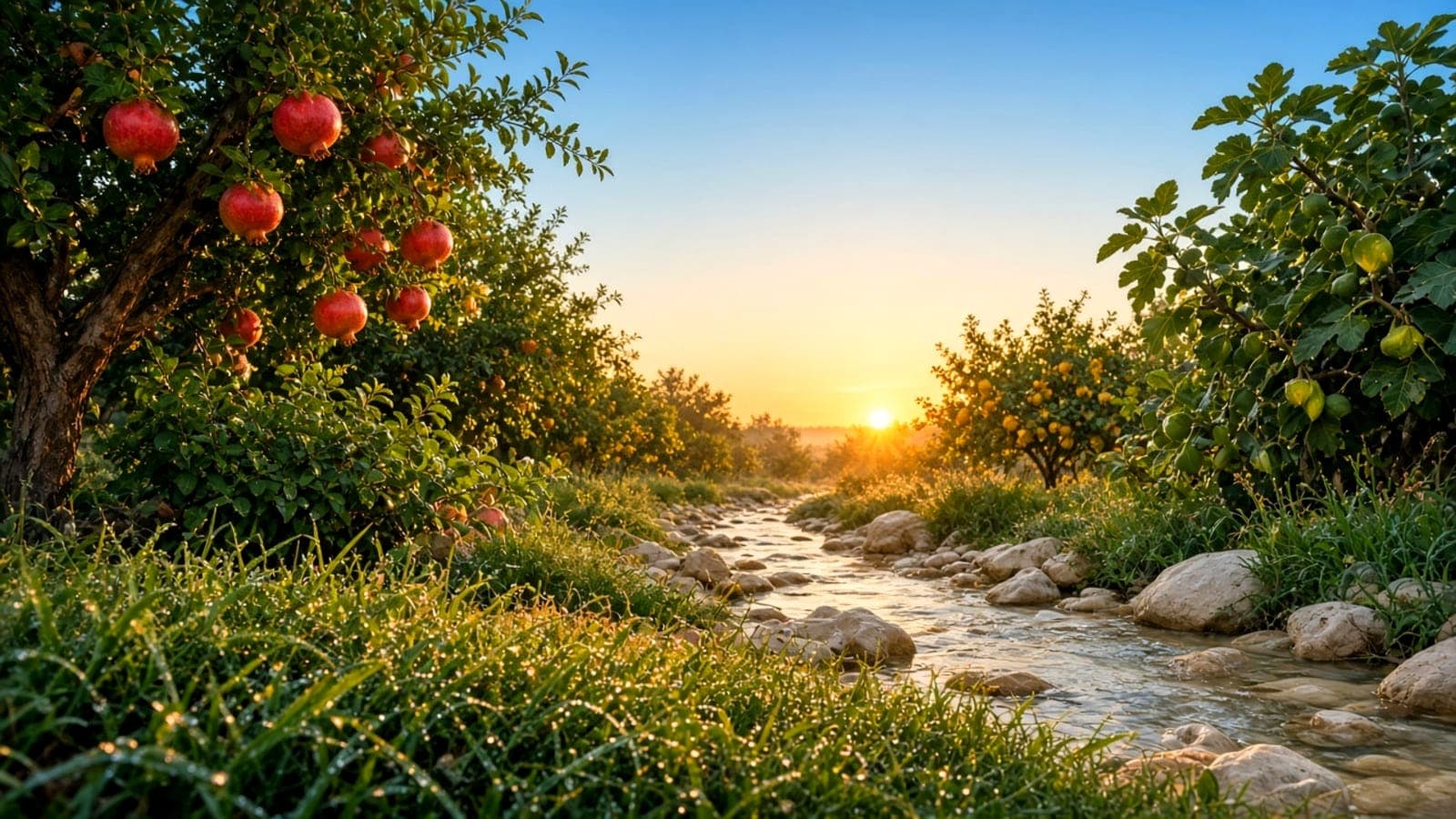 A pomegranate tree in fruit beside a clear stream running over stones at sunrise.