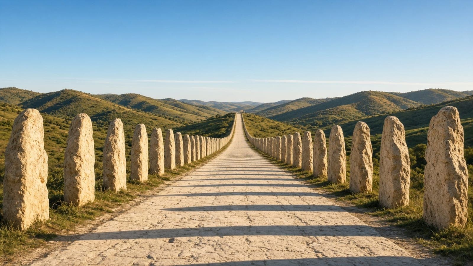 A straight dirt road running to the horizon between two long rows of upright standing stones.