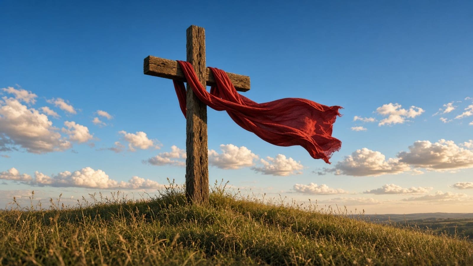 A rough wooden cross on a hilltop with a red cloth draped over the crossbeam and lifting in the wind.