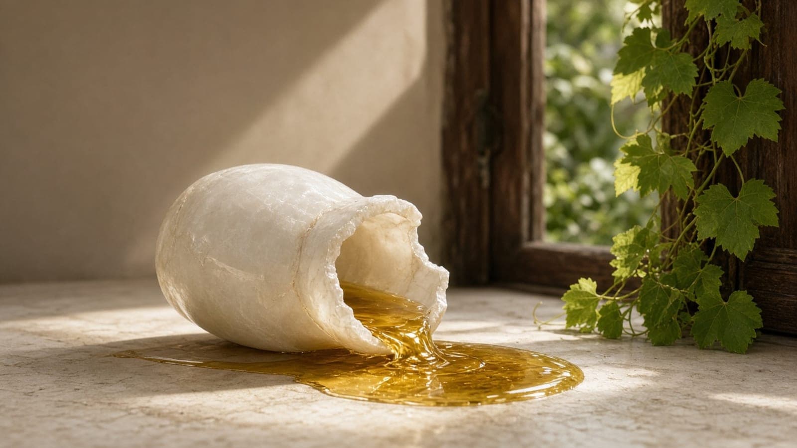 A white alabaster jar tipped on its side on a stone sill, oil spilling out of the broken neck, vine leaves at the window.