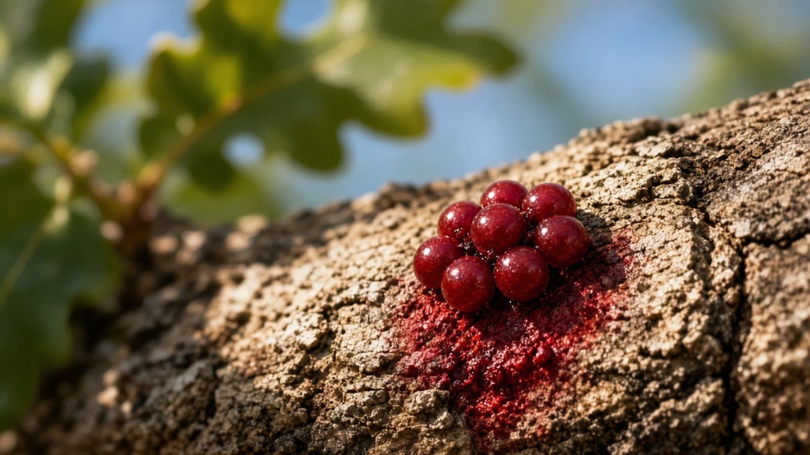 A cluster of small crimson bodies fastened to the rough bark of a tree.