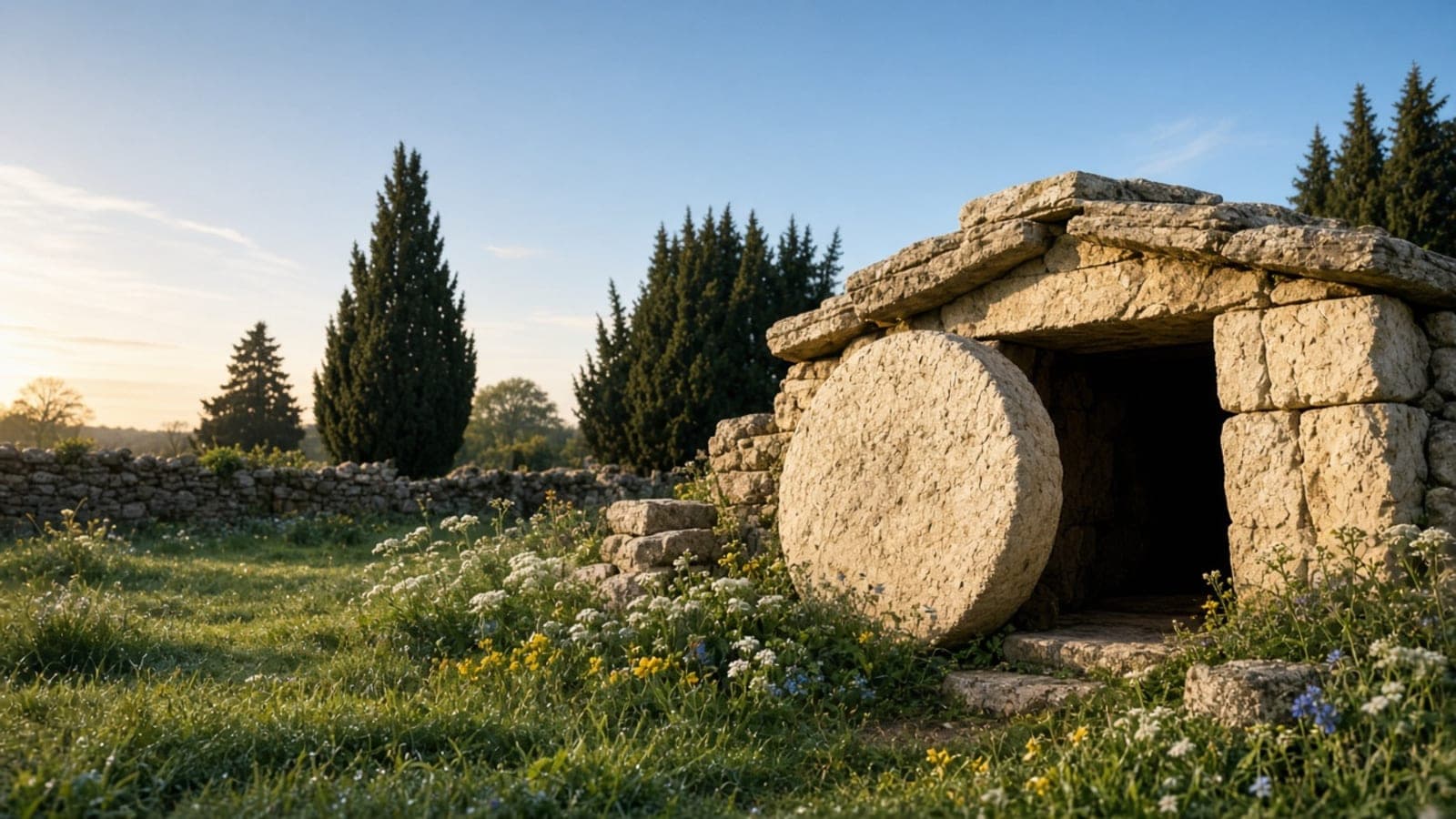 A rock-cut tomb with a large round stone standing beside its open entrance, cypresses on the slope behind.