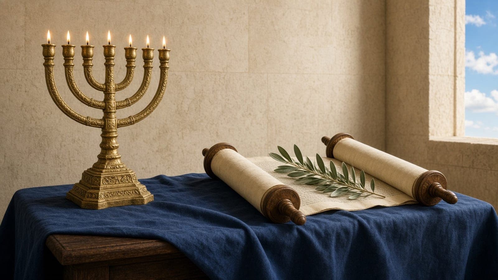 A lit seven-branched menorah beside two part-open scrolls and an olive branch on a blue cloth.