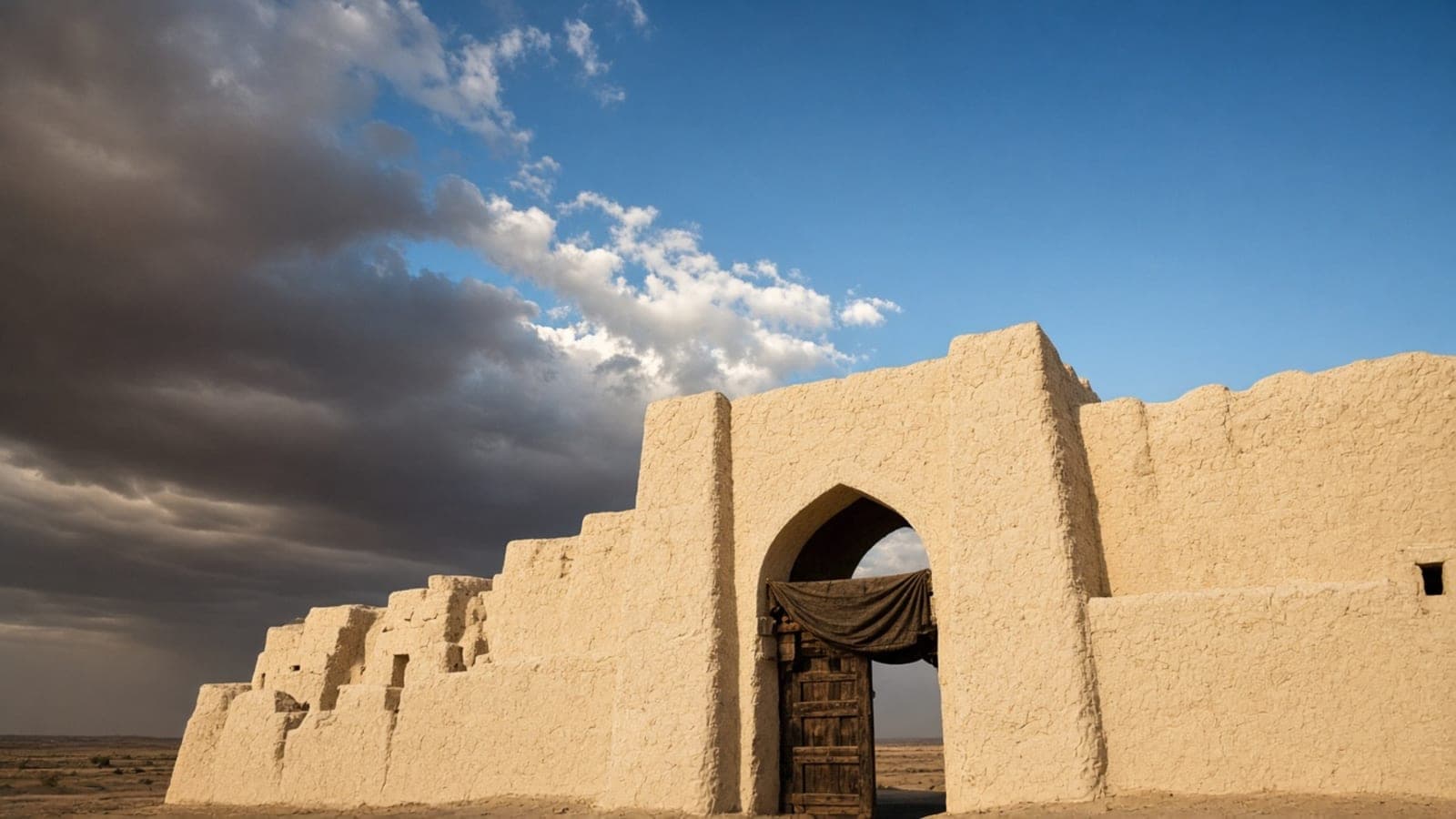 A mud-brick city gate with an arched doorway and stepped walls, heavy cloud above.