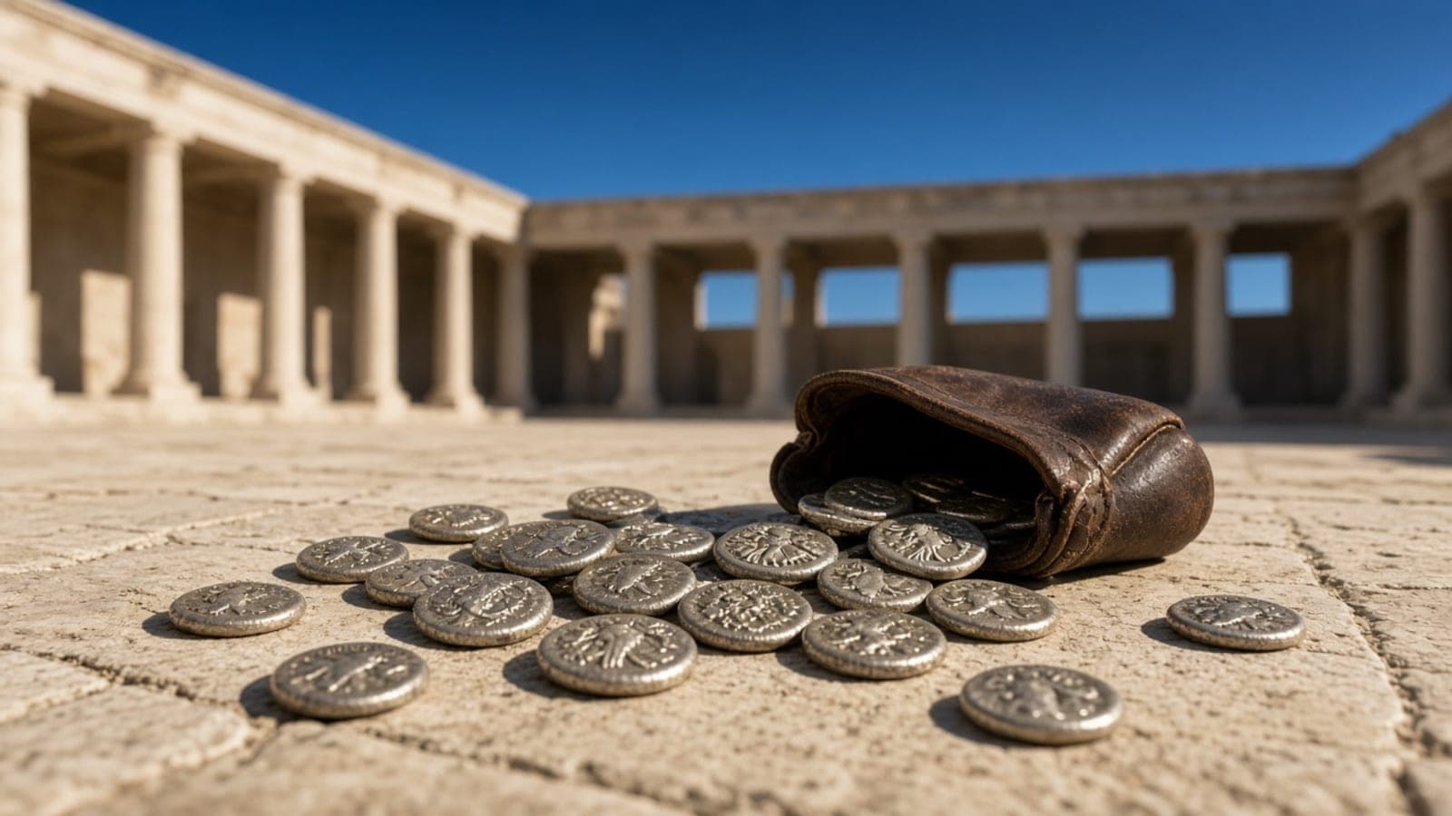 A leather pouch spilled open on stone paving with silver coins scattered from it, a colonnade behind.