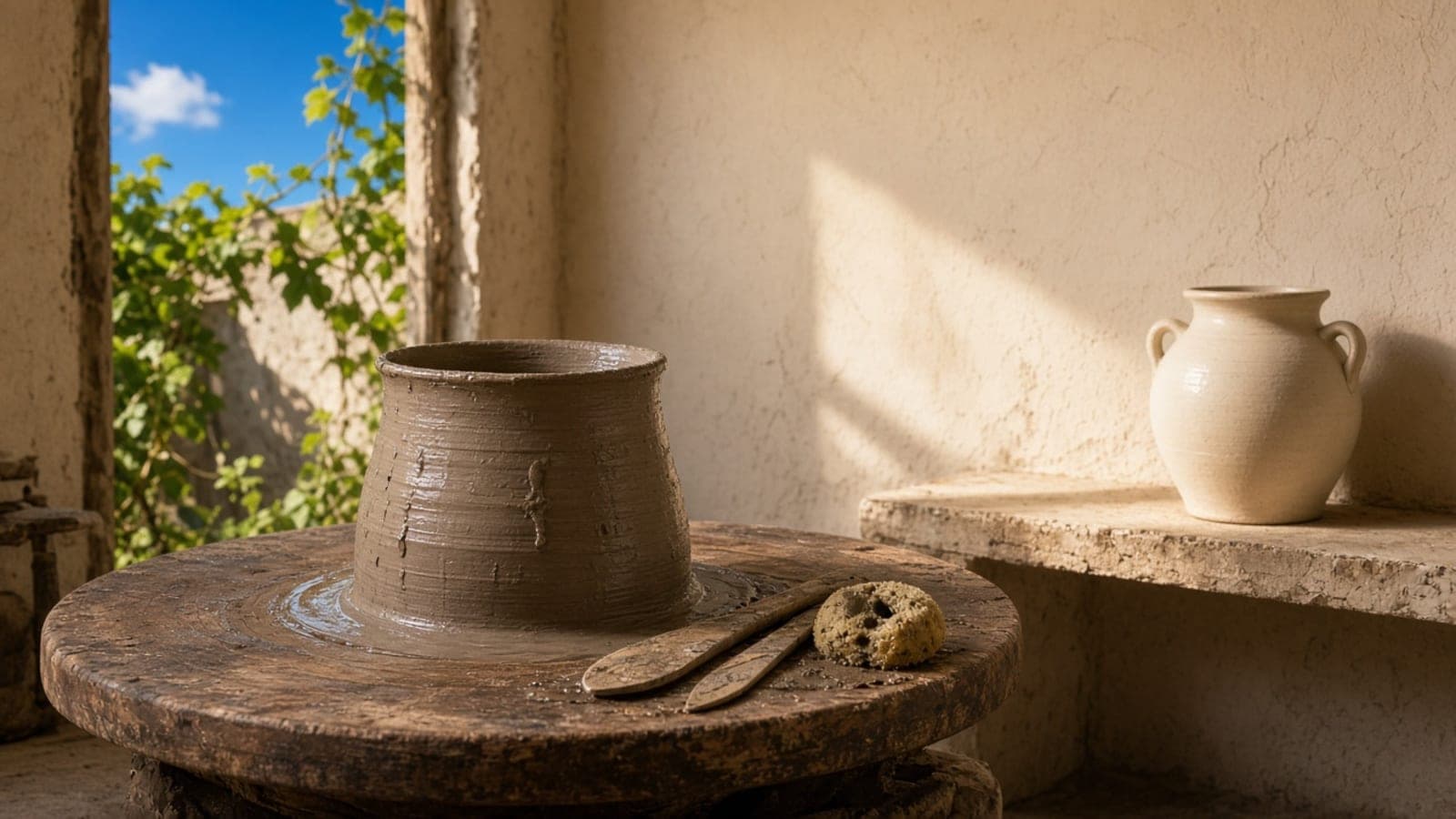 A potter's room: a finished jar on a stone bench, the wheel beside it and a second pot on a table.
