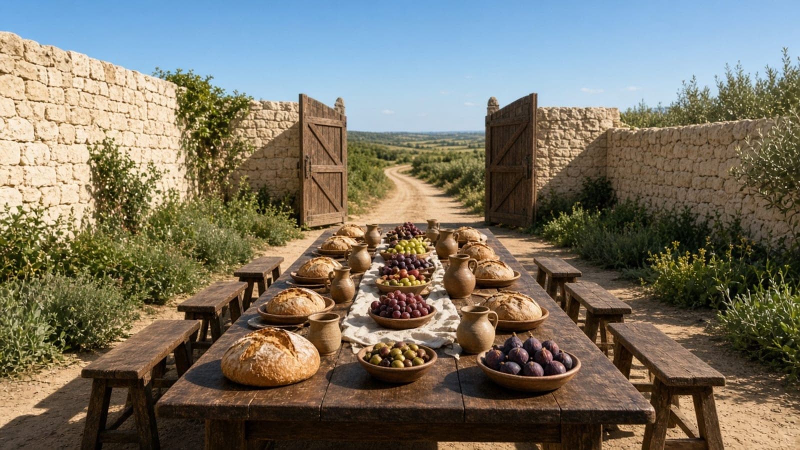 A long table laid with bread, fruit and olives standing outdoors in front of an open gate onto a track.