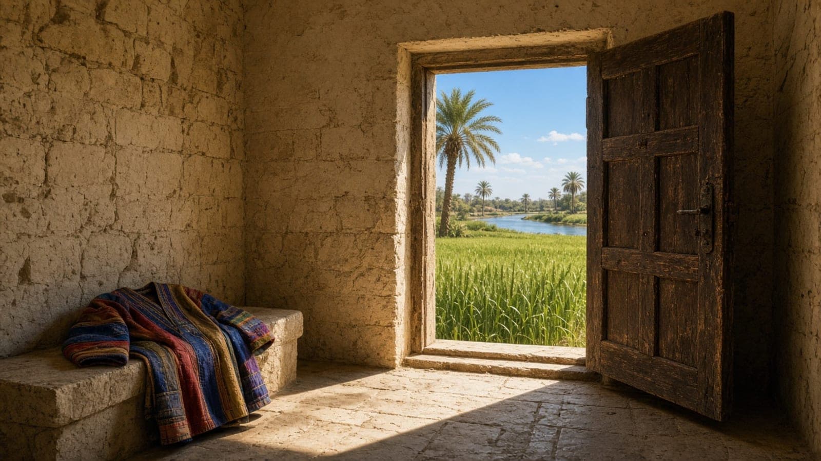 A bare stone cell with a folded striped cloth on a ledge and a doorway open to green fields and palms.