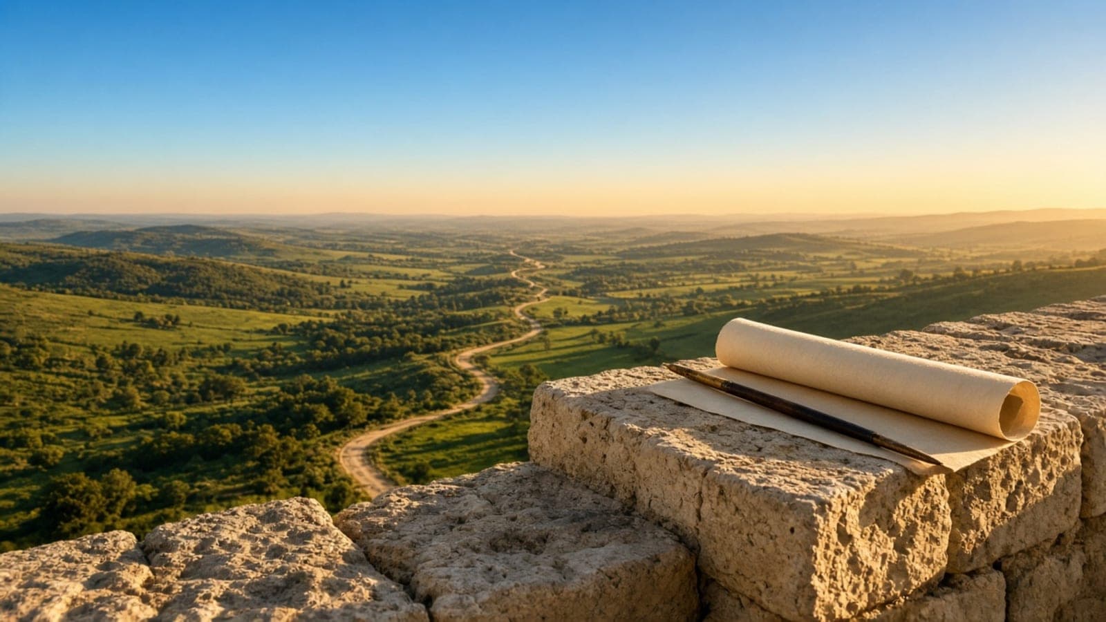 A rolled scroll resting on a stone parapet above a wide valley at sunrise.