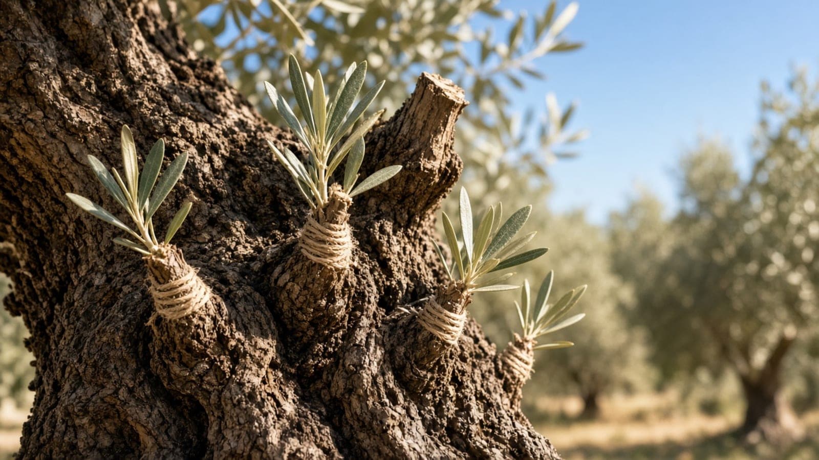 Two young shoots bound with linen into the cut trunk of an old olive tree, the grove behind.