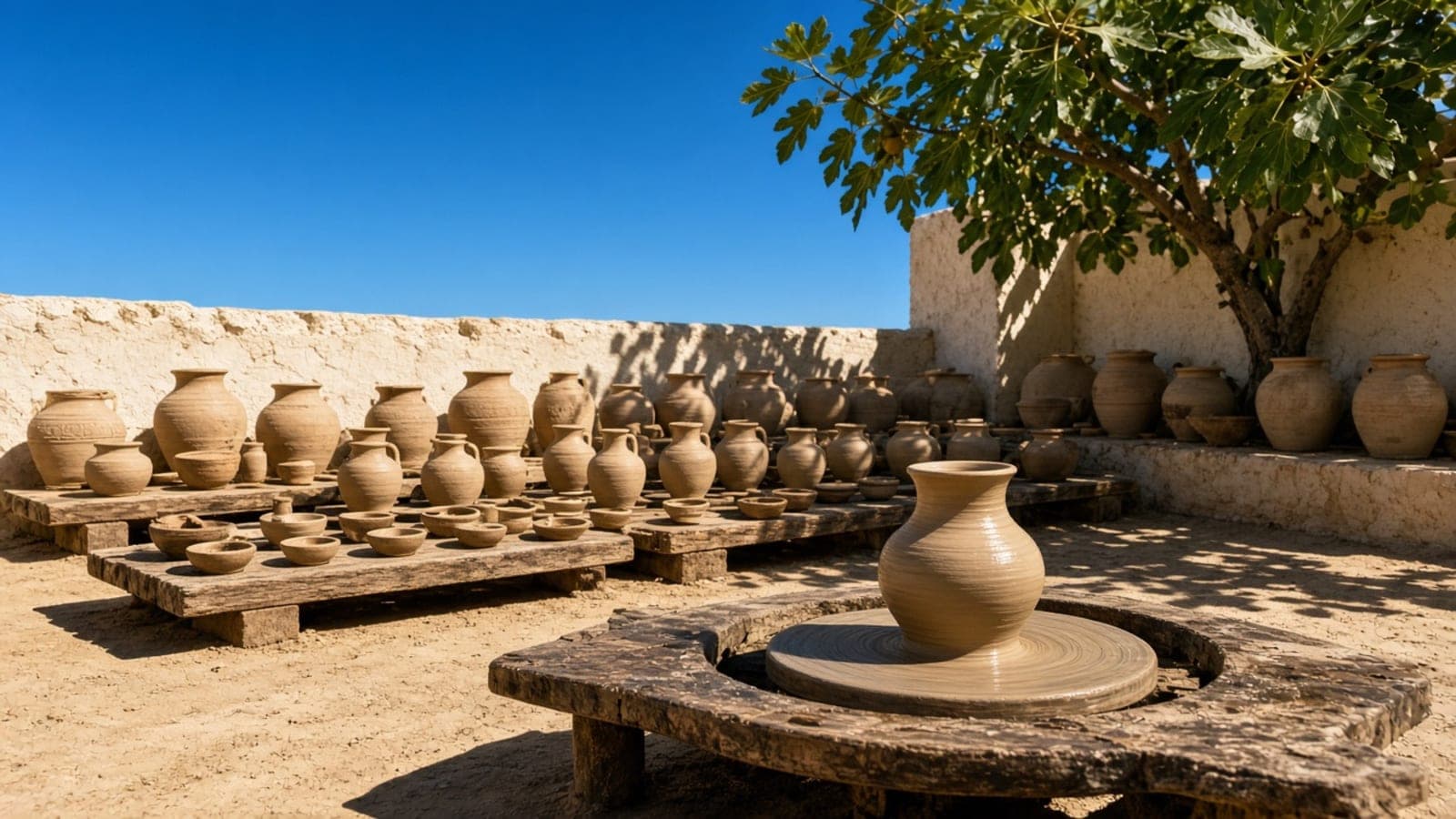 Rows of finished clay pots drying on a terrace, a wheel with a jar on it in the foreground.