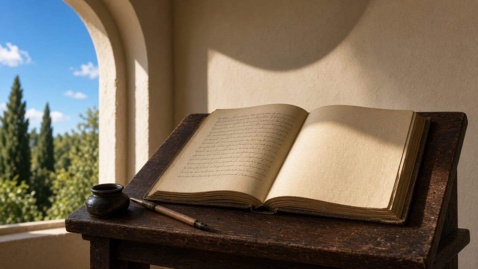 A large open book on a wooden stand under an arch with an inkpot beside it, hills through the opening.