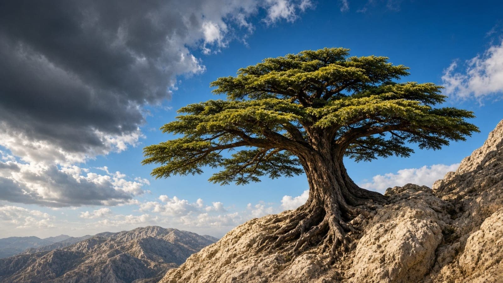 A wind-shaped tree growing out of a rocky summit under a wide sky.