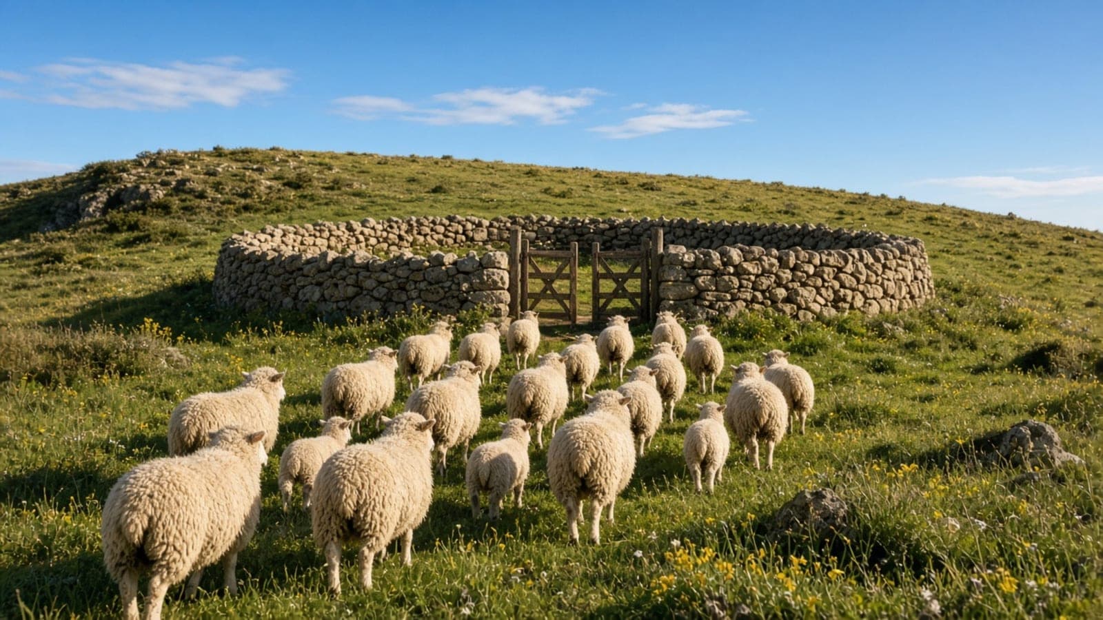 A flock of sheep grazing a green field beside a dry-stone fold.