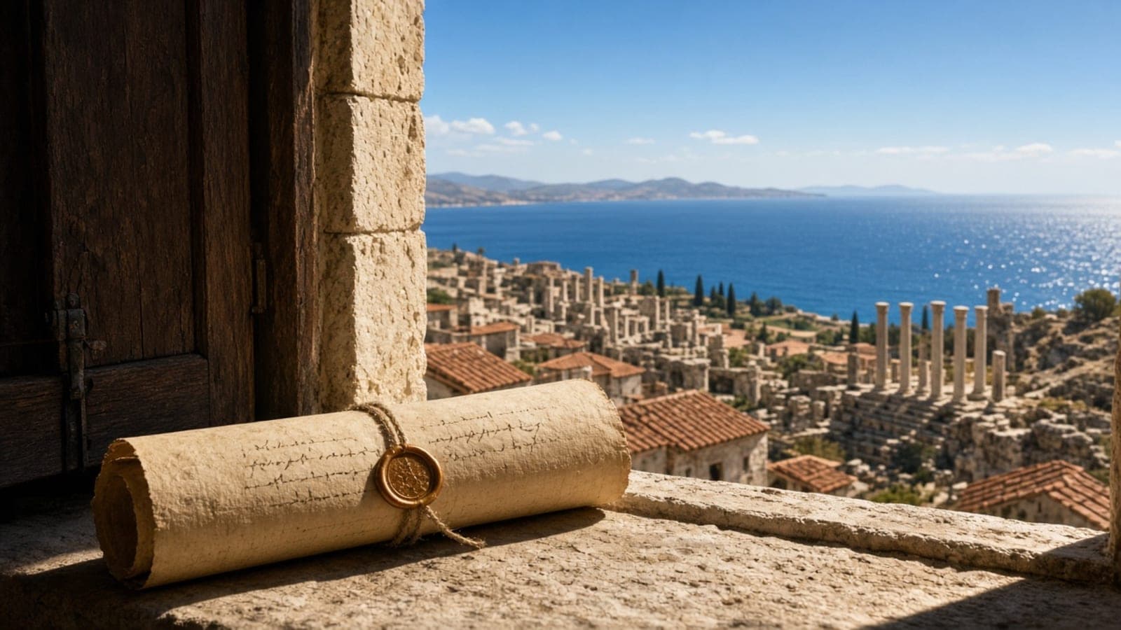 A sealed scroll on the stone sill of a window looking out over a coastal city and the sea.