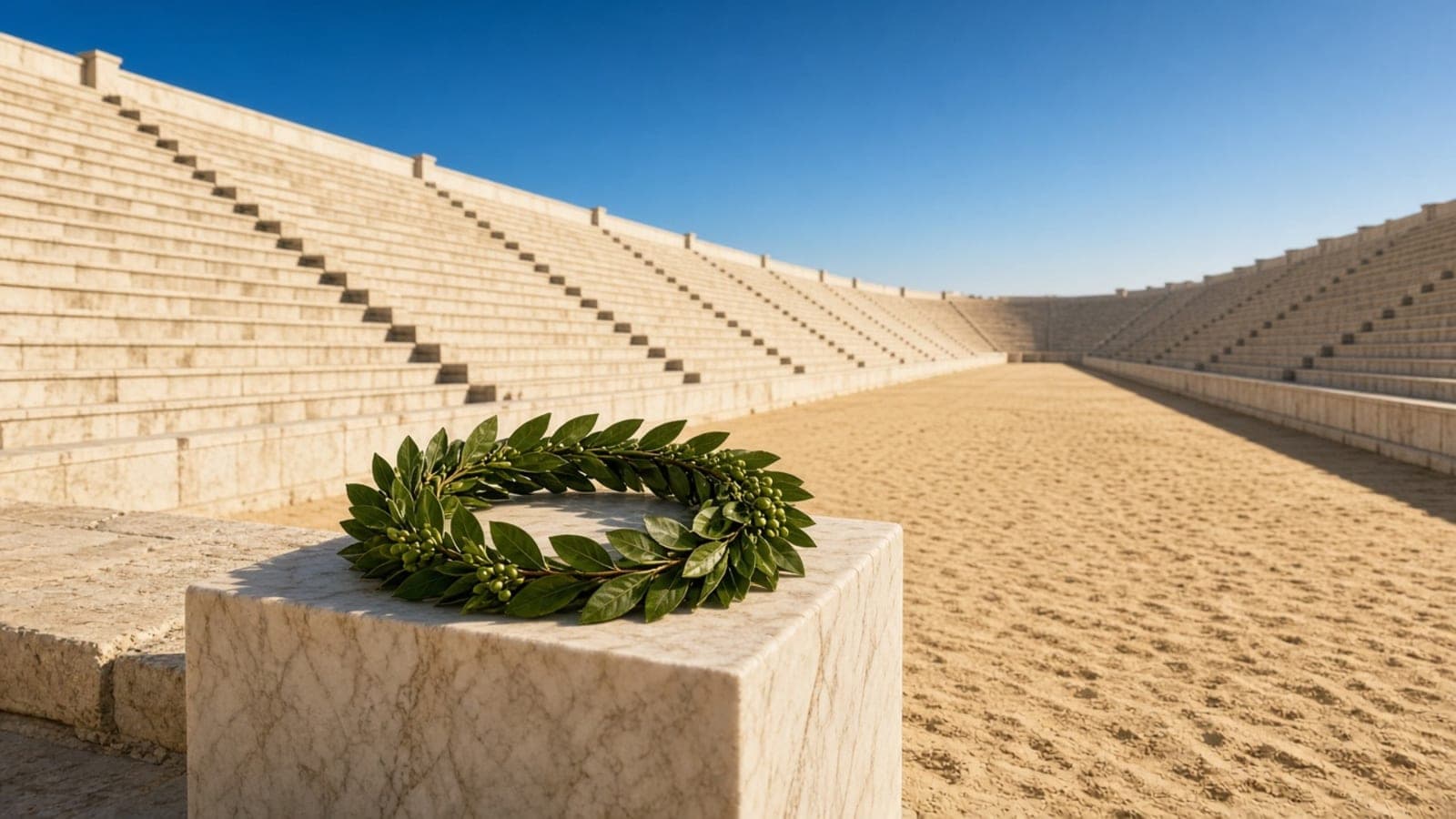 A laurel wreath set on a stone block at the edge of a stadium's sand track, tiered seats rising behind.