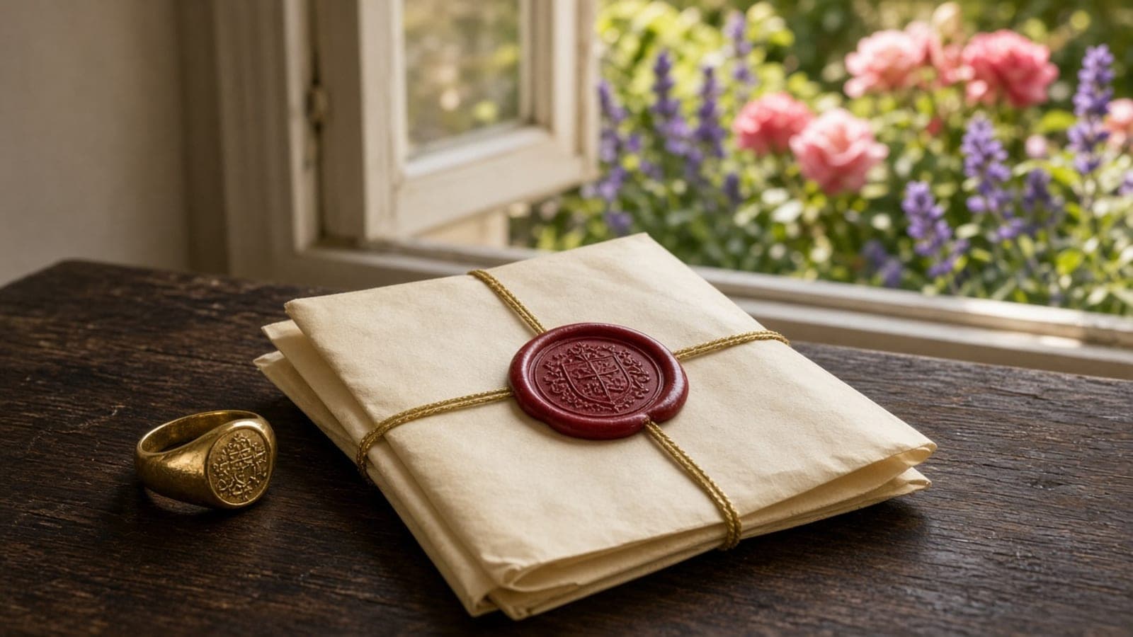 A folded letter tied with cord and closed with a red wax seal, a signet ring beside it, flowers at the window.