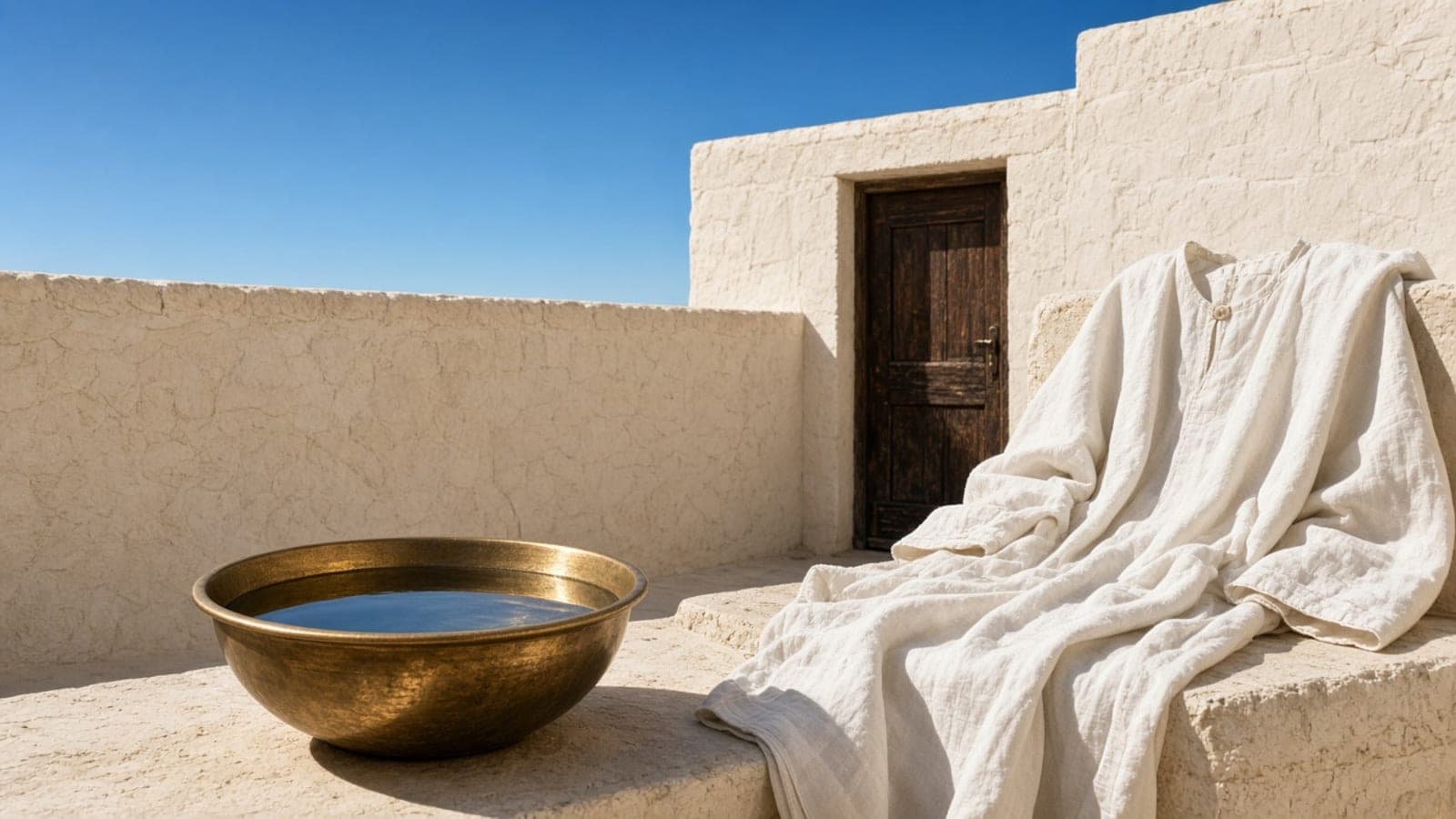 A brass basin and a white towel on a rooftop terrace beside an open doorway.