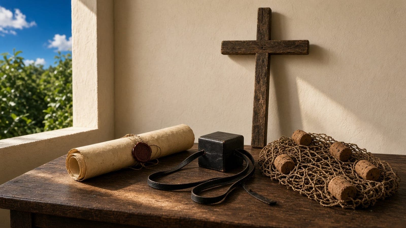 A desk holding a scroll, a leather box with its straps, and a rolled mat, a wooden cross on the wall above.