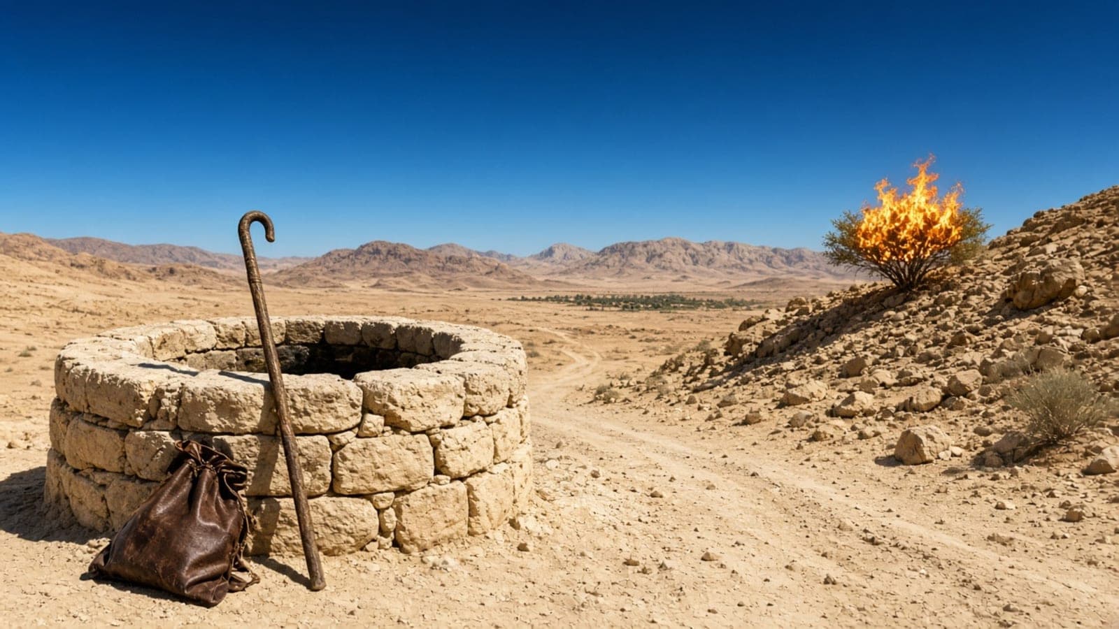 A stone well with a shepherd's staff and a leather bag leaning against it, a bush burning on the hillside beyond.