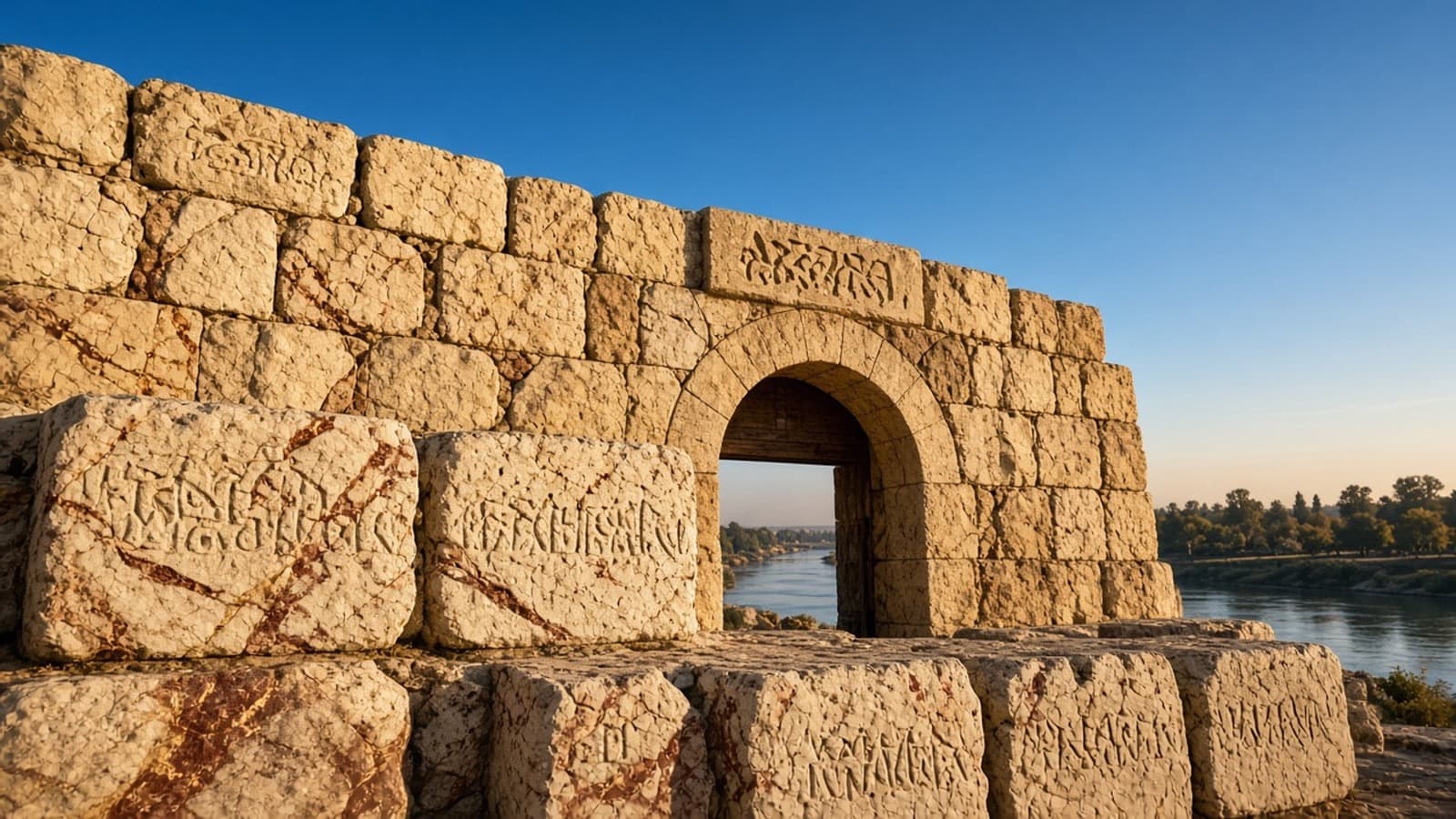 A pale limestone city wall in low golden light, built of large squared blocks, several of them carved with inscriptions, with an arched gateway standing open in the middle and a river running past beyond it.