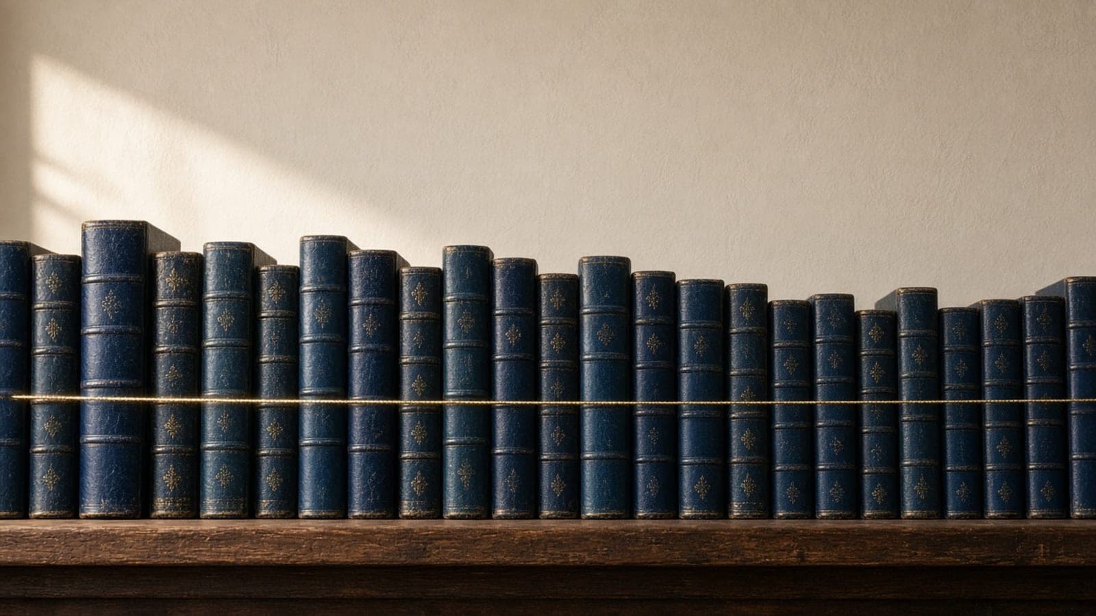 A long unbroken row of matching dark book spines along a shelf.