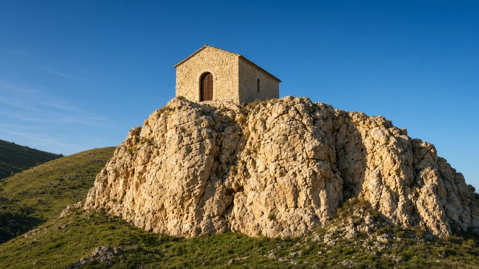 A small stone chapel standing on the top of a great rock outcrop.