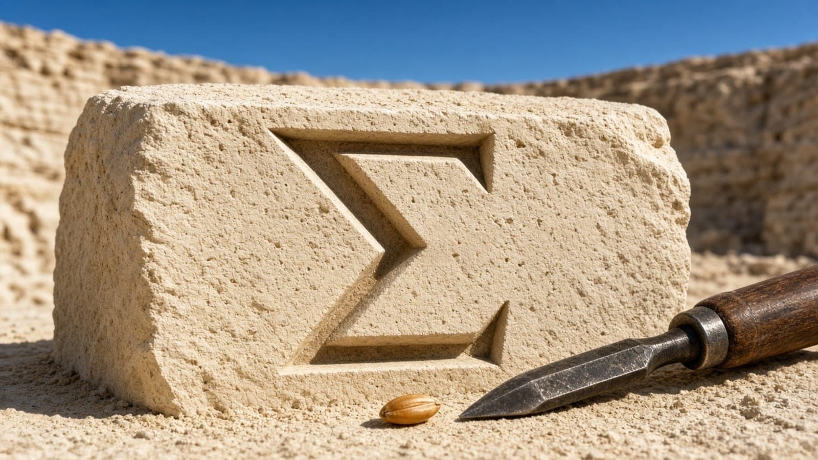 A block of dressed stone carved with one large Greek letter, a chisel lying across it.
