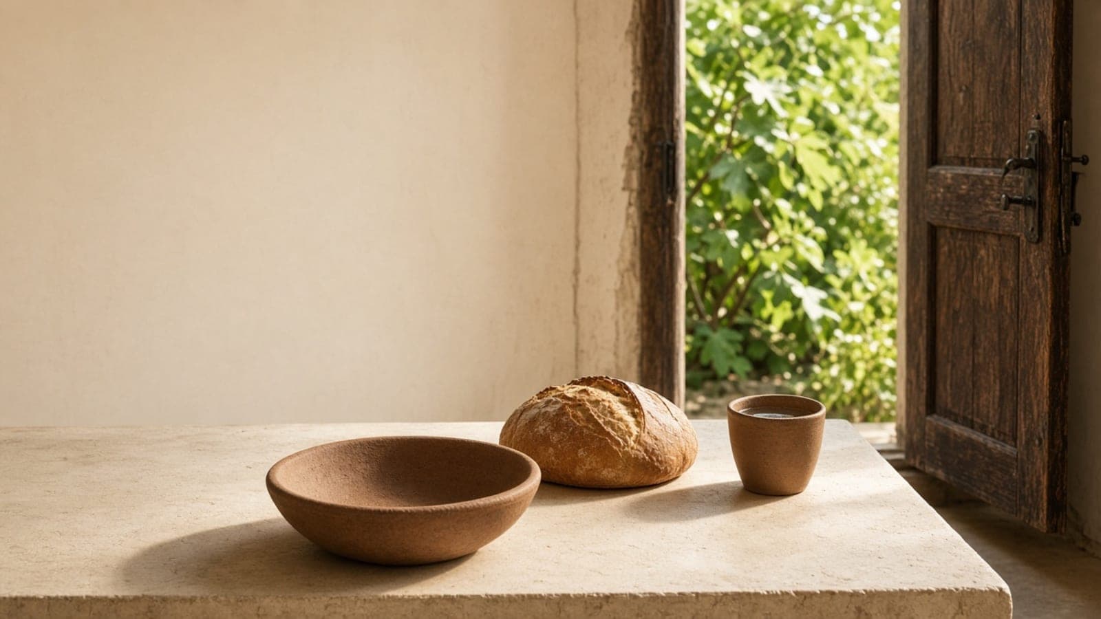 A wooden bowl, a loaf and a cup on a window ledge open to green leaves.