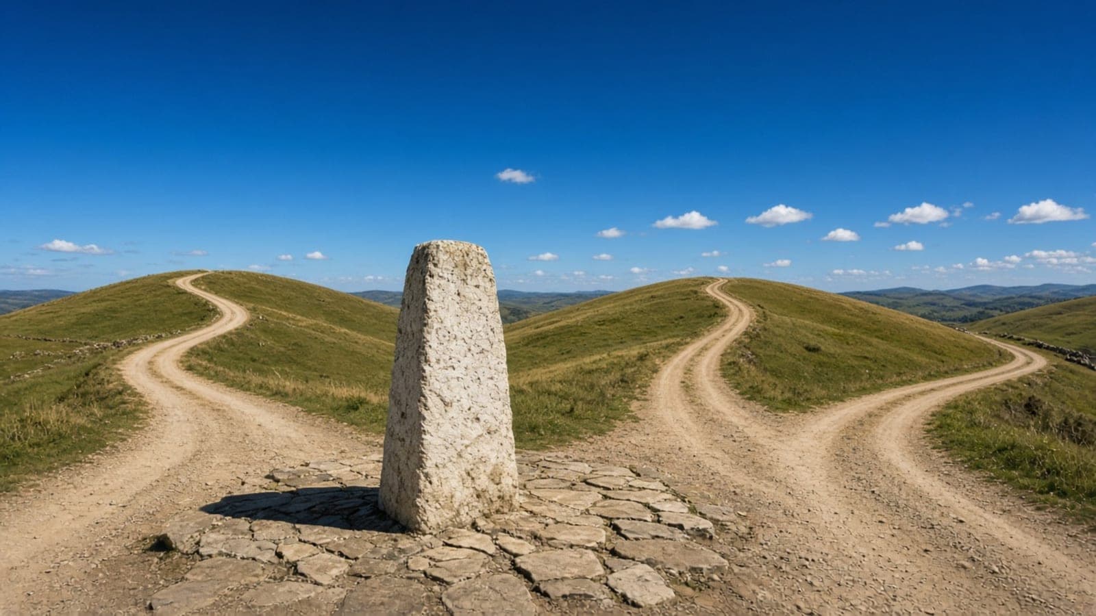 A standing stone at the point where a track divides into two paths over the hills.
