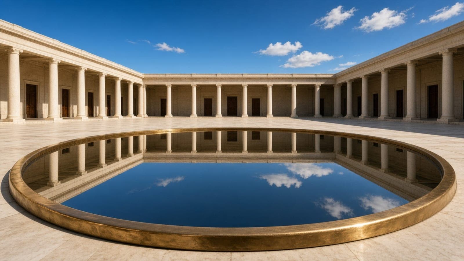 A wide bronze basin of still water in a colonnaded courtyard, the sky reflected in it.