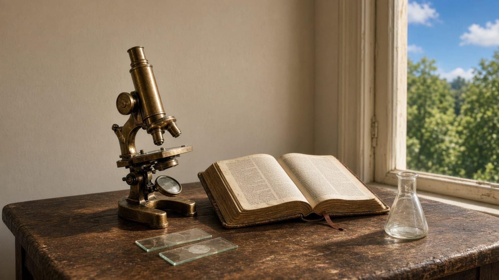 A brass microscope, an open book and a glass flask on a wooden desk beside a window.