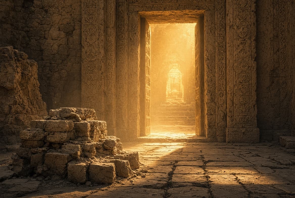 An ancient temple doorway standing open with golden light pouring through to the sanctuary beyond, while a low wall of stacked stone blocks sits half-built in the foreground: a barrier raised at the threshold, and the door still open.