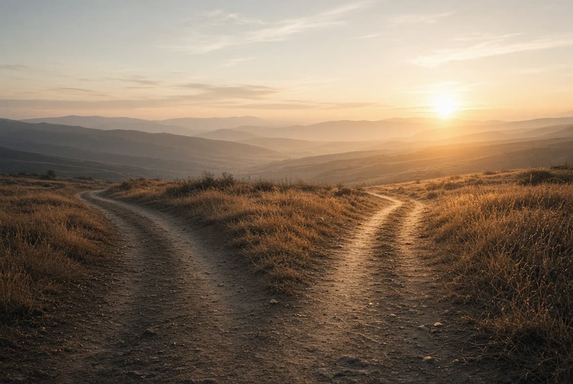 Two dirt roads forking over golden hills at sunset, one curving left, one right: the road taken and the road not taken, with the sun setting between them.
