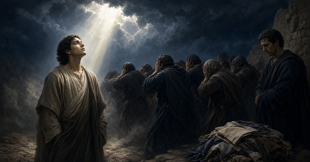 A young man in a pale robe stands looking up into a shaft of light breaking through dark storm clouds, while beside him a crowd in dark cloaks presses their hands over their ears; at the right a man in a dark mantle stands apart beside a heap of cast-off garments.