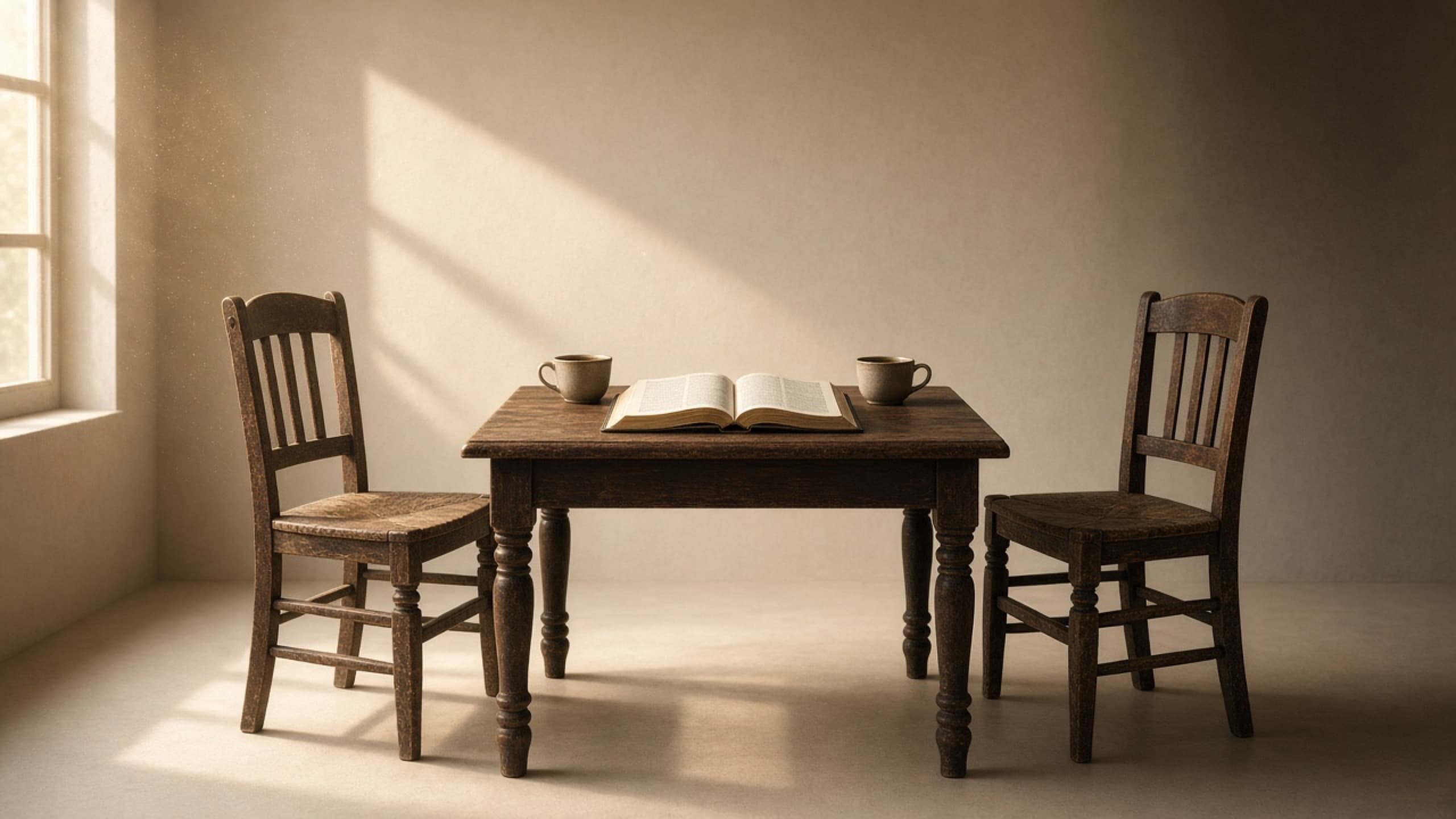 Two plain wooden chairs facing each other across a small dark table, an open book lying between two mugs of coffee, morning light falling through a window at the left: a conversation set up, and both seats still empty.