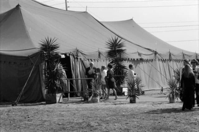People walking into a large striped tent past potted palms. Black and white.