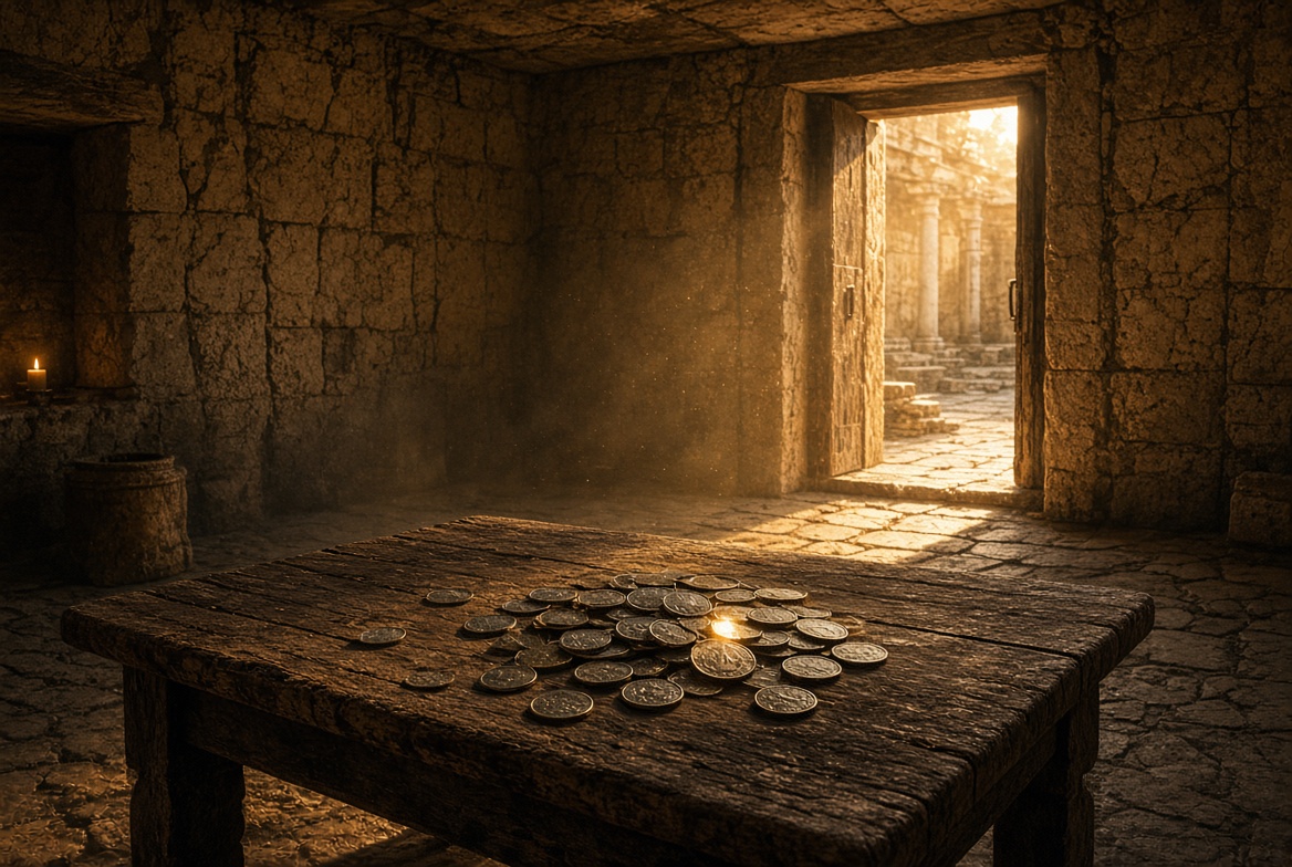 Old silver coins resting in golden light on a weathered wooden table, an open doorway beyond with light pouring through: a price laid down and a door standing open, and one who was bought has walked away.