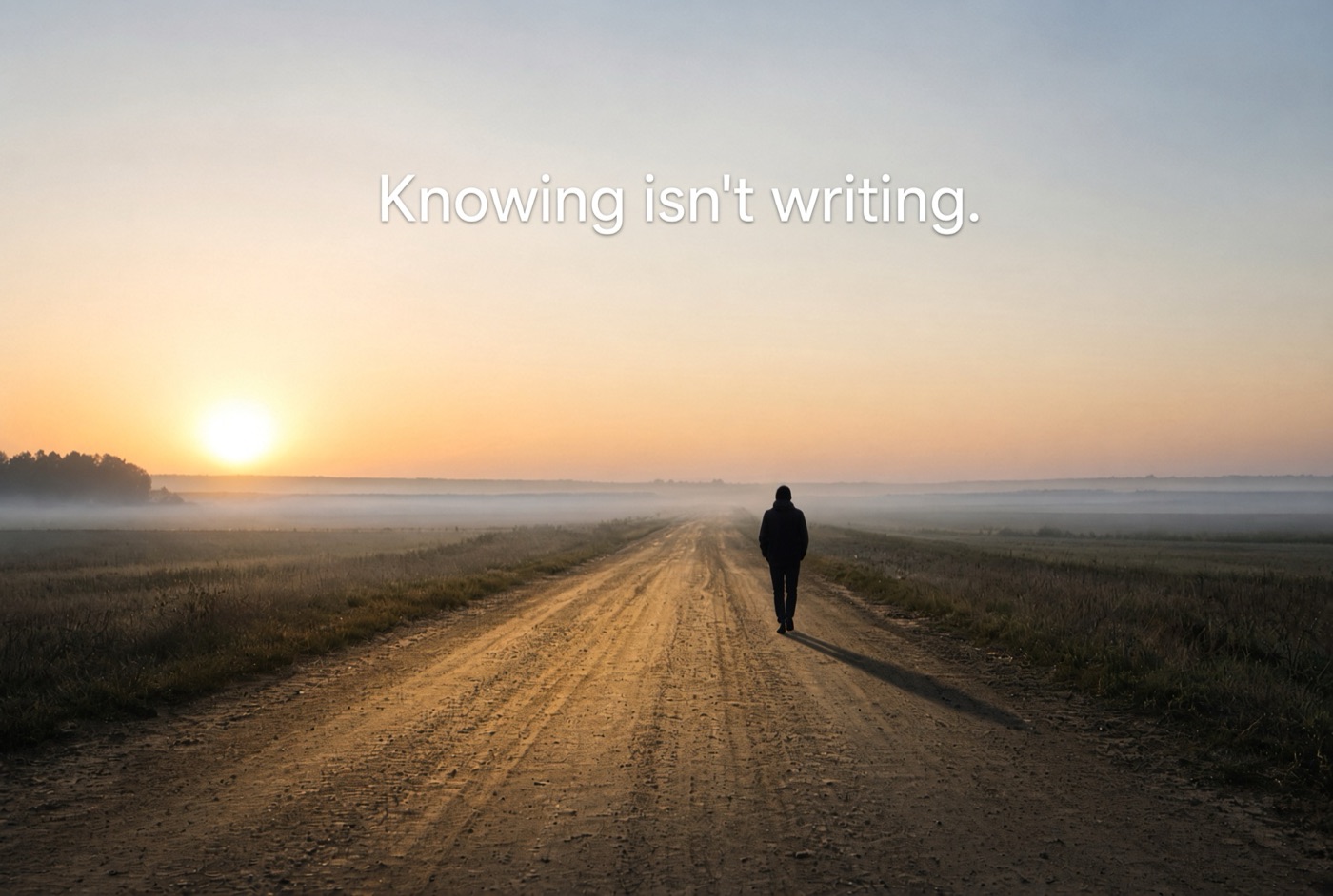 A man walking a dirt road toward a sunrise, seen in one glance: the sun rising is necessary, the man walking is free, and the one look does not confuse them.