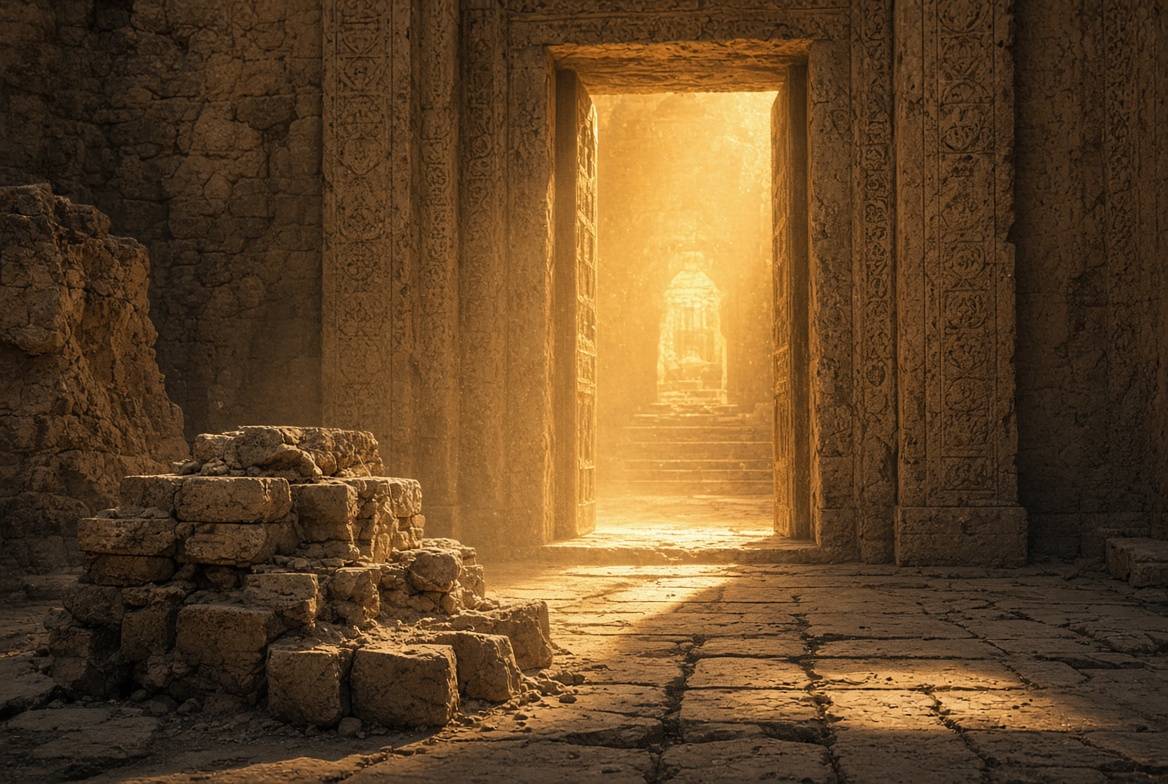 An ancient temple doorway standing open with golden light pouring through to the sanctuary beyond, while a low wall of stacked stone blocks sits half-built in the foreground: a barrier raised at the threshold, and the door still open.
