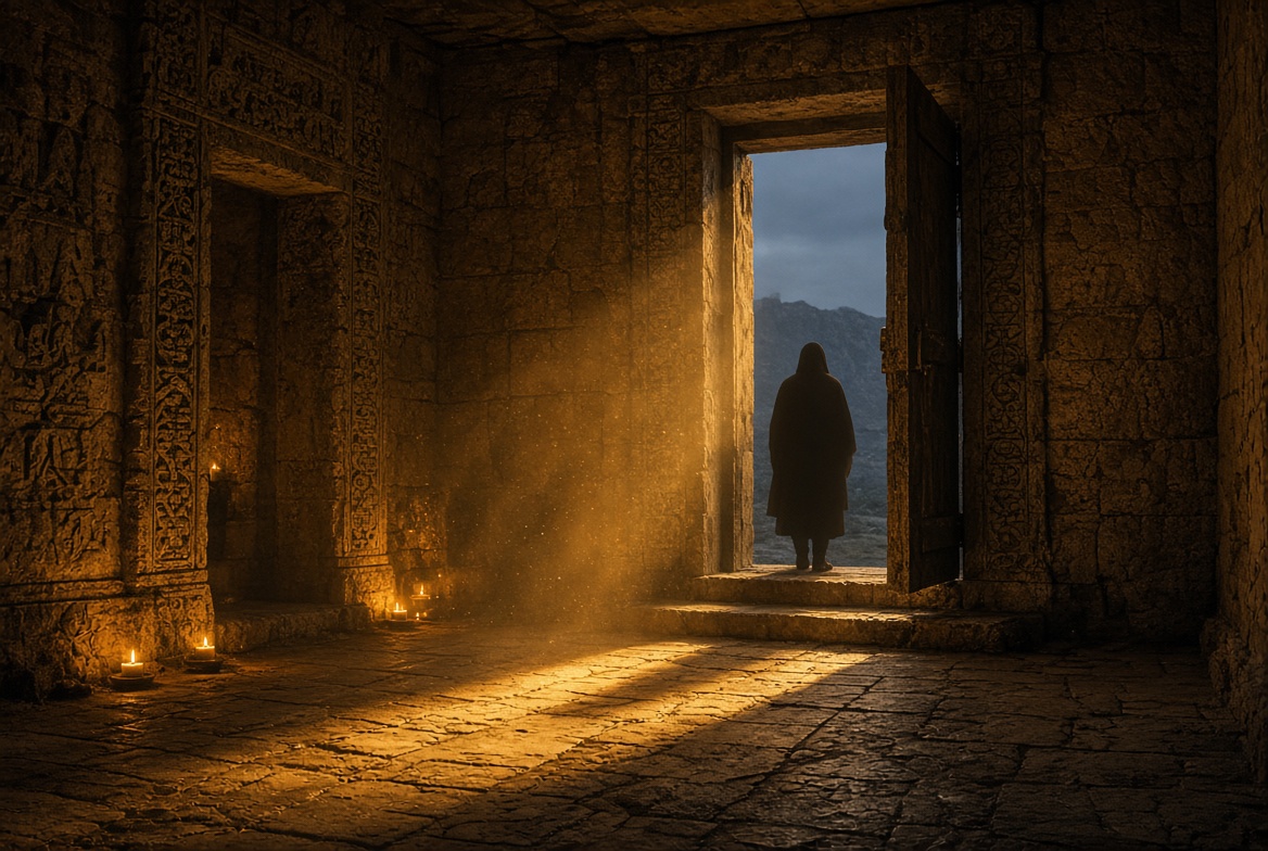 A cloaked figure stands at an open temple doorway at dusk, the candlelit sanctuary warm behind, the cold evening and bare hills beyond: someone paused at the threshold, deciding whether to go in or to go out.